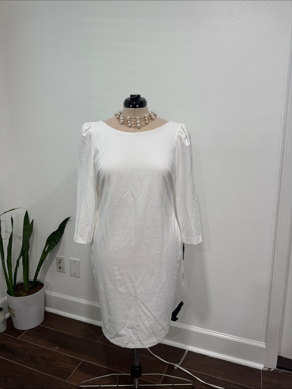Calvin Klein Cream Midi Boatneck Dress with Puff Shoulders